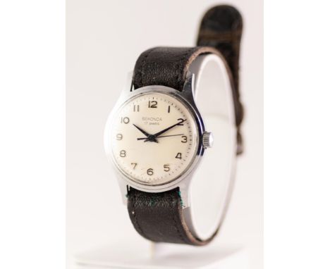 GENT?S SEKONDA STAINLESS STEEL VINTAGE WRISTWATCH with 17 jewels movement, circular silvered Arabic dial with sweep seconds h