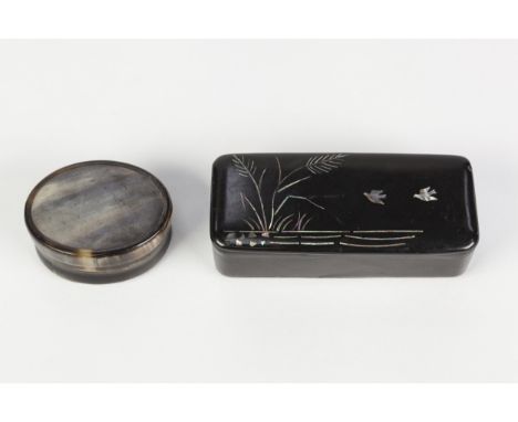 19TH CENTURY MOTHER-OF-PEARL INLAID OBLONG SNUFF BOX, depicting birds and rushes, measures 8.5cm by 3.5cm and A 19TH CENTURY 