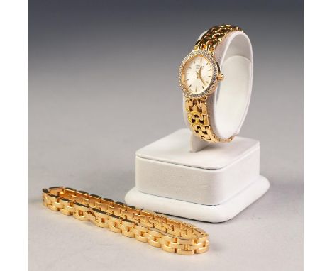 LADY'S CITIZEN QUARTZ GOLD PLATED BRACELET WATCH the small oval dial with batons, paste set besel with white stones and a GAT