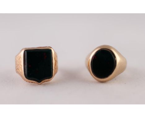 9ct GOLD BLOODSTONE SIGNET RING. With oval bloodstone, ring size I1/2 and A 15ct GOLD SHEILD-SHAPED BLOODSTONE SIGNET RING, r