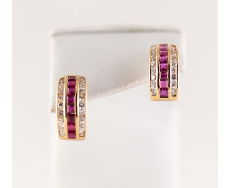 PAIR OF 18ct GOLD, RUBY AND DIAMOND HALF HOOP PATTERN EARRINGS for pierced ears, each set with a centre row of eight square c