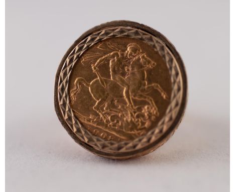 EDWARDIAN 1908 SOVEREIGN RING, LOOSE MOUNT IN A 9ct GOLD SHANK, ring size P1/2, 14.42g Good condition.