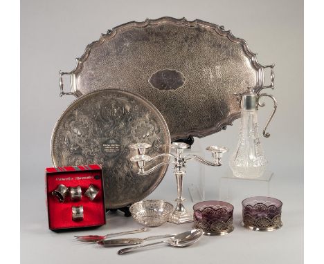 MIXED LOT OF ELECTROPLATE, to include: TWO HANDLED LARGE TEA TRAY, with cyma border and planished centre, 24" x 15 1/2" (61cm