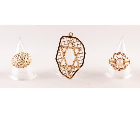 A GOLD (no carat mark) RING, the openwork top set with a single pearl, TOGETHER WITH ANOTHER GOLD (no carat mark) RING, with 