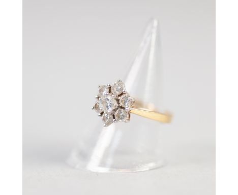 18ct WHITE GOLD AND DIAMOND DAISY CLUSTER RING WITH RAISED CENTRE DIAMOND AND SURROUND OF SMALLER DIAMONDS, approximately 1ct