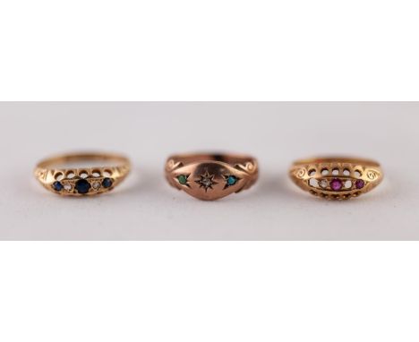 VICTORIAN 18ct GOLD SAPPHIRE AND DIAMOND RING, ring size O, a VICTORIAN 18ct GOLD RUBY AND DIAMOND RING, ring size L (one rub