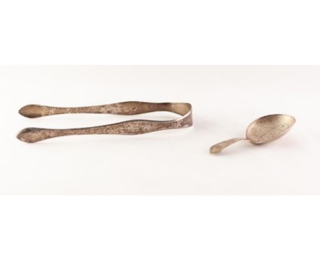 PLAIN ANTIQUE SILVER SUGAR BOWS, of typical design, Birmingham 1782, and a GEORGE III ENGRAVED SILVER CADDY SPOON, with circu