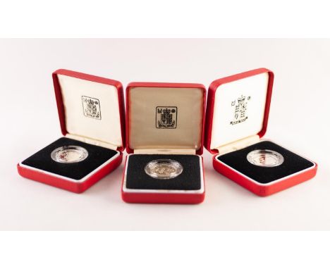 THREE ELIZABETH II UK SILVER PROOF PIEDFORD £1 COINS, 1985, 1986 and 1994, each in a case with leaflet (3)