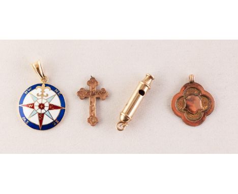 ENAMELLED COMPASS PENDANT, stamped '750', A WHISTLE PENDANT, A 9ct GOLD CROSS PENDANT AND A 9ct GOLD MEDALLION , compass pend