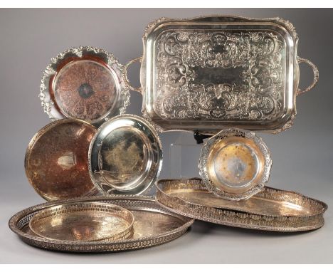 ELECTROPLATED TWO HANDLED ROUNDED OBLONG TRAY, with scrollengraved centre and floral capped gadrooned border, 18 1/2" x 13 3/