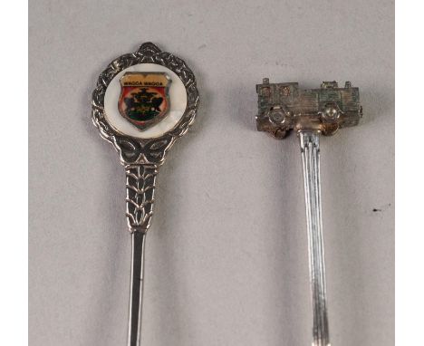 ELECTROPLATED THREE PIECE CONDIMENT SET ON TRIANGULAR TRAY, together with a PAIR OF SALE AND PEPPER POTS and TWO SOUVENIR SPO