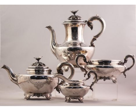 A WILLIAM IV SILVER FOUR PIECE TEA AND COFFEE SERVICE, each engraved with scrolliated cartouches, the COFFEE POT with later p