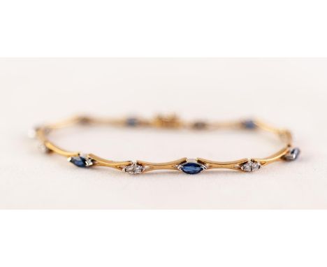 18 ct GOLD SAPPHIRE AND DIAMOND BRACELET with eleven figure of light pierced bar links and set with six small marquise shaped