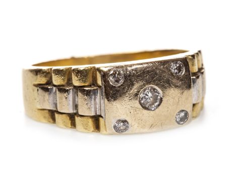 GENTLEMAN'S BI COLOUR DIAMOND BAND, the rectangular bezel with a central countersunk round diamond and four smaller round dia