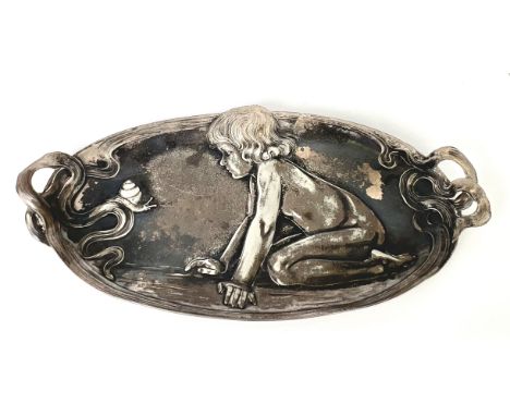 A WMF Art Nouveau pewter two-handled oval tray - decorated with a young child and a snail, with sinuous ribboned handles, cas