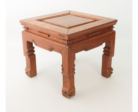 A small Chinese hardwood square jardiniere stand or low table &ndash; probably early 20th&nbsp;century, the panelled, cleated