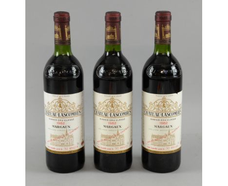 Three bottles of 1982 vintage Chateau-Lascombes Margaux red wine, Grand Cru Classe. Each bottle numbered: 094275, 094269, 094