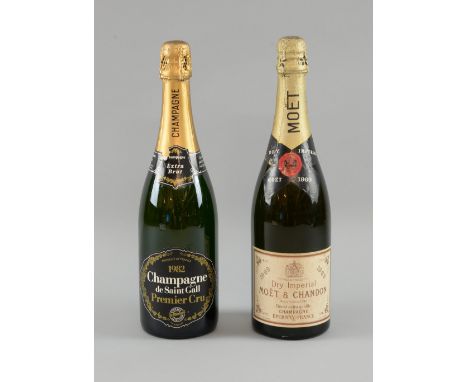 A bottle of Moet & Chandon 1969 vintage dry imperial champagne, and a bottle of Champagne de Saint Gall Premier Cru 1982