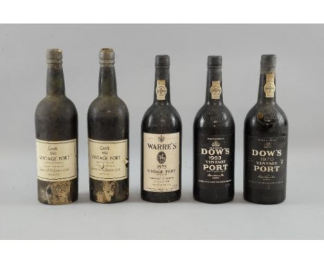 Five bottles of vintage port delivered to include 2 bottles of Croft 1950 Vintage Port, 1 bottle of Warre's 1975 Vintage Port