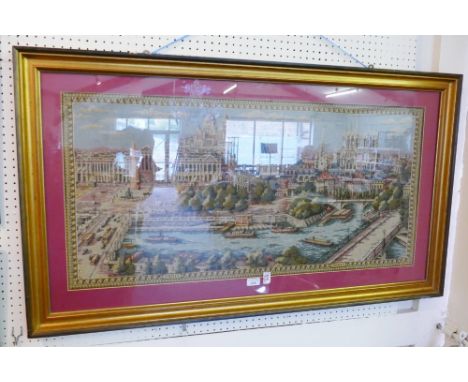 A Continental machined tapestry panel entitled 'Paris', depicting a rooftop view of the city across the River Seine, 48cm x 1