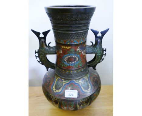 A Chinese bronze and cloisonne of archaic baluster form, with two stylised handles, 36cm high