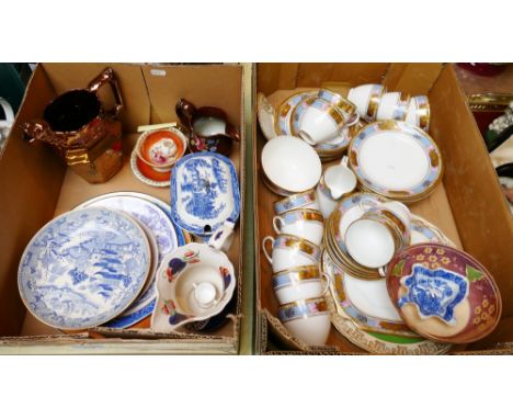 Two boxes of miscellaneous china, including 19th century blue and white transfer printed ware, Royal Worcester loving cup, lu