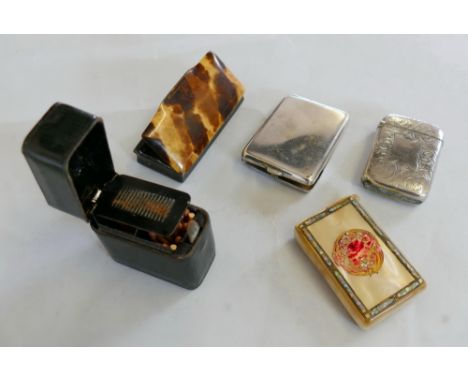 A mother-of-pearl set vesta case, a horn snuff box and three various vesta cases (5)