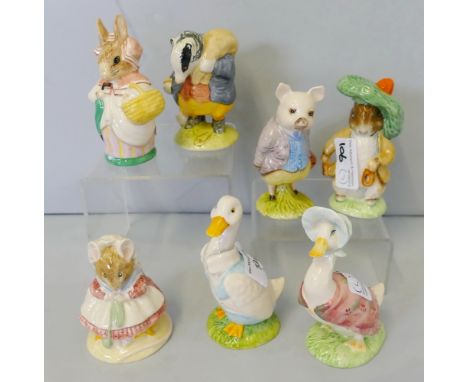 Beatrix Potter; seven Royal Albert figurines, Mr Drake Puddle-duck, the old woman who lived in the shoe knitting, Tommy Brook