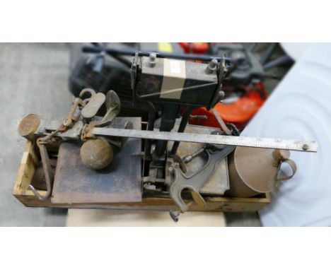Sets of scales, bench drill and various other metalware
