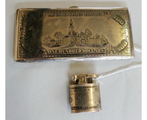 A novelty base metal and enamel $100 dollar bill cigarette case and lighter, the case series of 1949, number SOO 185763 K, th