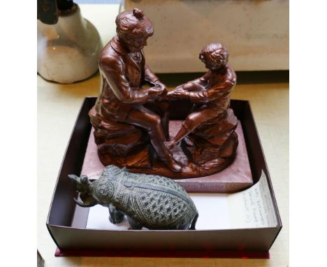 A Scotch thistle laddie spelter advertising group and patinated bronze figure of an elephant (2)