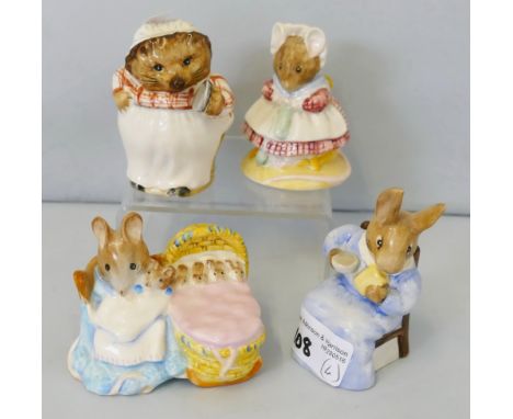 Beatrix Potter; four Beswick figurines, the old woman who lived in a shoe, Hunca Munca, Cottontail and Mrs Tiggy Winkle (4).