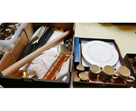 Two Royal Worcester cake plates and knives, together with commemorative ware character jugs and a further box of miscellaneou