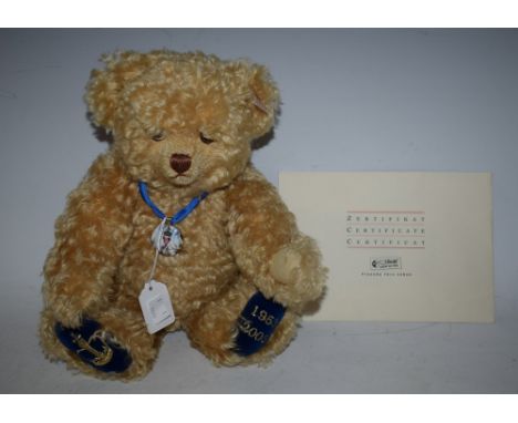 Steiff - a limited edition Queens Coronation bear, 1953-2003, gold plush body, growler voice box, white ear tag and stud, wit