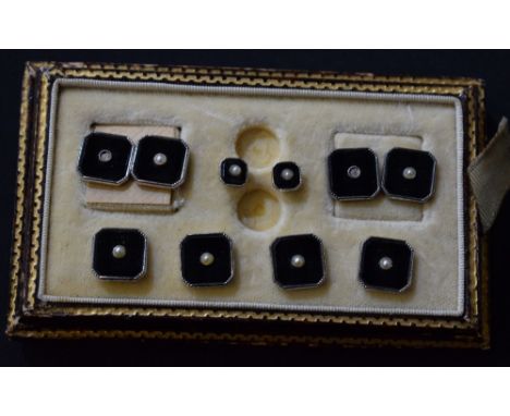 A set of silver cufflinks and dress studs, boxed; onyx and pearl, etc