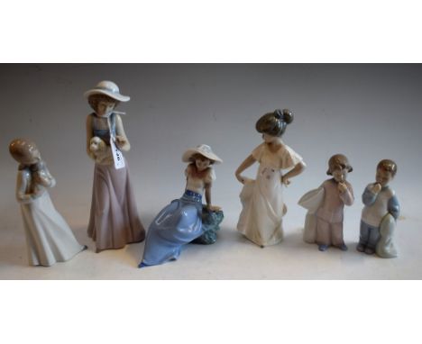 A Nao figure, Girl with Poodle Puppy; others, similar, Night Gown Girl, Pillow Boy and Girl; etc (6) 