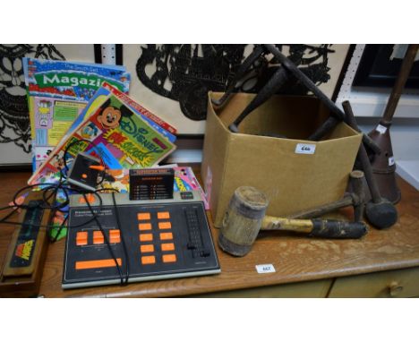 An early-mid 20th century stool; a Prinztronic Tournament colour programmable 5000 games console; flat iron; etc