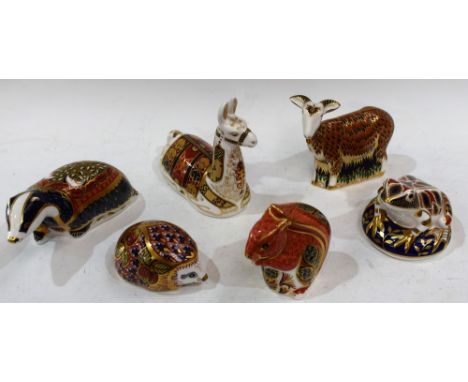 A Royal Crown Derby paperweight, Llama, Collector's Guild exclusive, gold stopper; others, Moonlight Badger, Nanny Goat, Orch