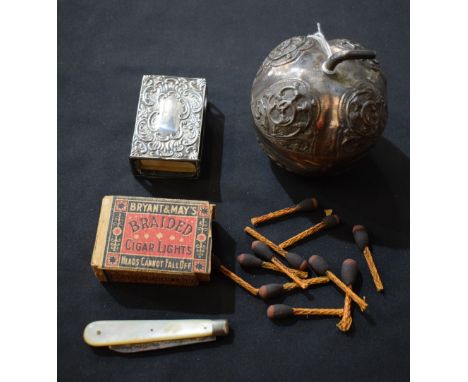 Boxes and Objects - a silver and mother of pearl folding fruit knife, Sheffield 1917;  silver matchbox cover, 1903; an Orient