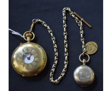 A half Hunter pocket watch on Albert chain with sovereign case and medallion 