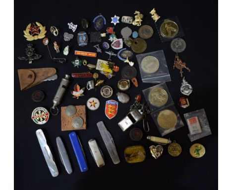 Boxes and Objects - badges, tokens, whistles, HMV record player needle tin, pen knives, etc