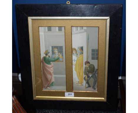 An early 20th century oak connoisseur's Old Master diptych altarpiece, printed in polychrome and picked out in gilt, gilt sli
