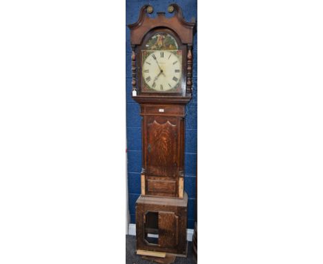 A William IV oak longcase clock, 33cm enamel dial inscribed W.Roberts, Roman numerals, crested by a rural lumberjack and his 