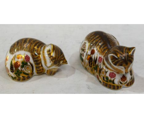 A Royal Crown Derby paperweight, Cottage Garden Cat, gold stopper, boxed; another, Cottage Garden Kitten, gold stopper, boxed