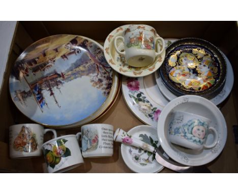 A Royal Worcester Royal Garden pattern cake plate and slice; Royal Doulton Bunnykins nurseryware bowl and two handled mug; We