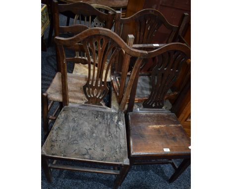 A 19th century Lancashire ladder back side chair, c.1840; others, Hepplewhite style; another, wheelback; a stool (6)