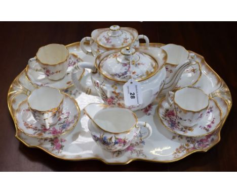 A Royal Crown Derby quintet, gilt edged with floral sprays, pattern no 3343, comprising four cups and saucers, teapot, milk j