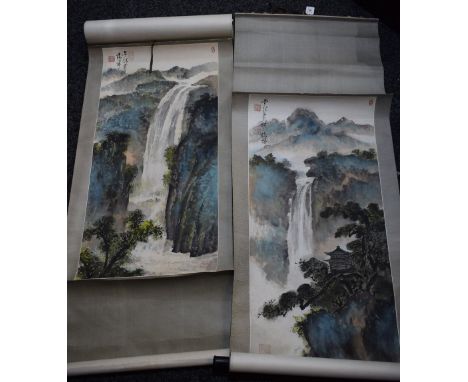 Chinese School (20th century), a pair of scroll pictures, Waterfalls and Monumental Landscapes, watercolour and black ink on 