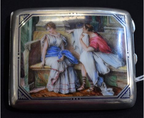 An early 20th century silver and enamel curved rounded rectangular cigarette case, hinged cover decorated in polychrome with 