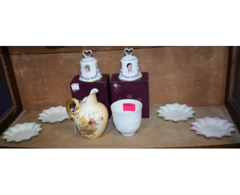 Ceramics - a Royal Worcester blush ivory jug, set of four Belleek trinket dishes, Lladro Dolphins beaker, etc